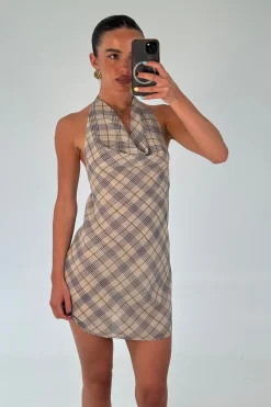 Banks Halter Mini Dress Beige Plaid