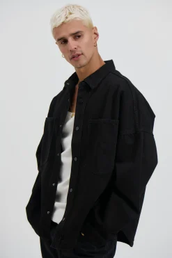 Drop Shoulder Denim Shirt Black