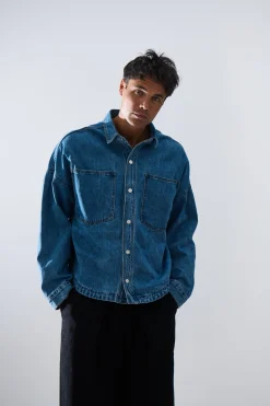 Drop Shoulder Denim Shirt Blue