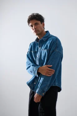 Drop Shoulder Denim Shirt Blue