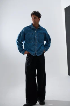 Drop Shoulder Denim Shirt Blue