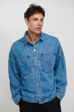 Drop Shoulder Denim Shirt Blue
