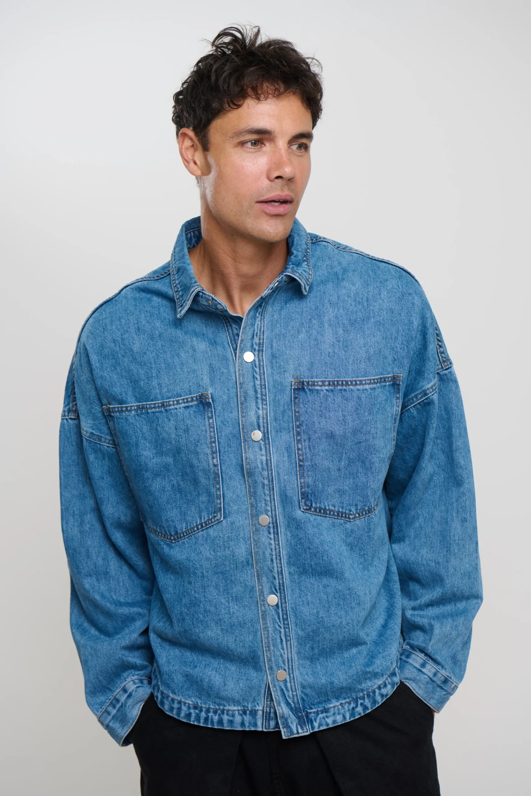 Drop Shoulder Denim Shirt Blue