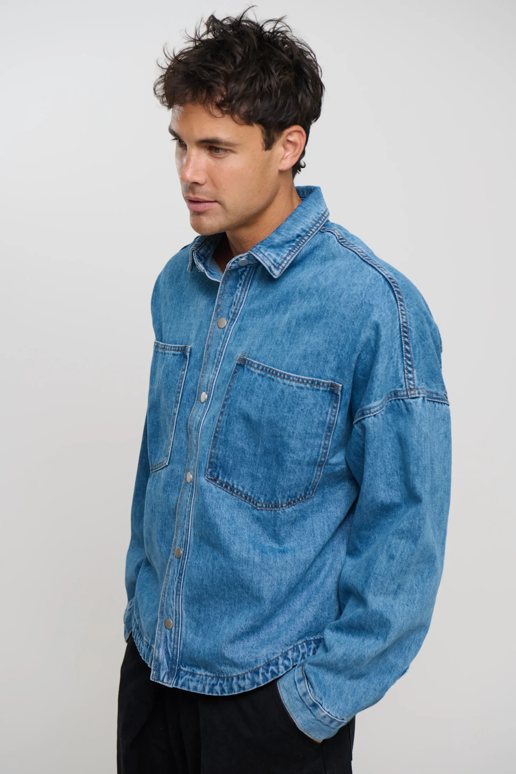 Drop Shoulder Denim Shirt Blue