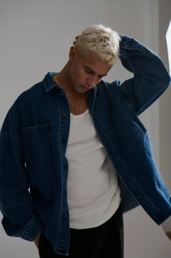 Drop Shoulder Denim Shirt Dark Blue