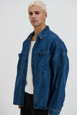 Drop Shoulder Denim Shirt Dark Blue