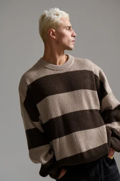 Drop Sleeve Heavy Knit Choc Stripe