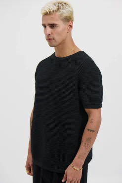Horizontal Rib Knit Tee Black
