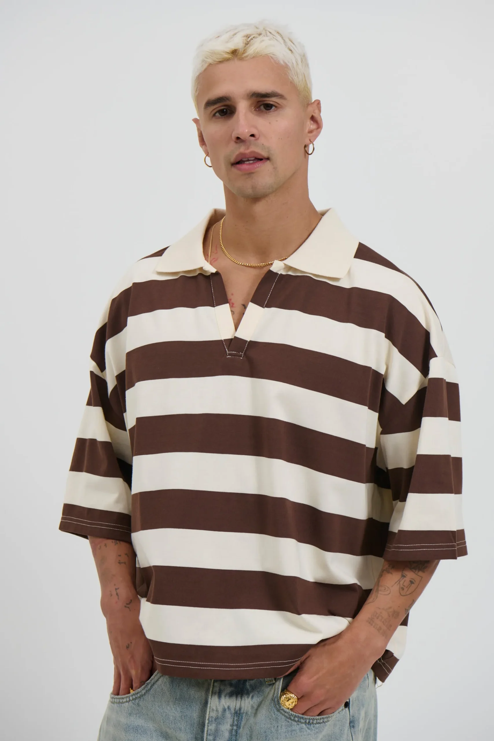 Jersey Crop Polo Stripe Choc