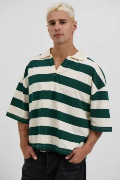 Jersey Crop Polo Stripe Emerald