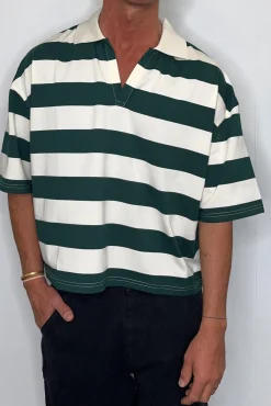 Jersey Crop Polo Stripe Emerald