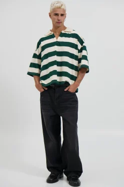 Jersey Crop Polo Stripe Emerald