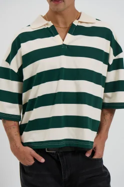 Jersey Crop Polo Stripe Emerald
