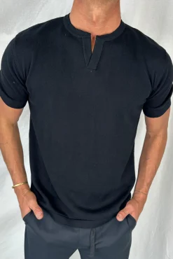 Knitted Split Neck Tee Black