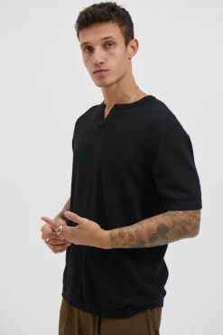 Knitted Split Neck Tee Black