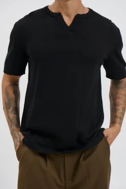 Knitted Split Neck Tee Black