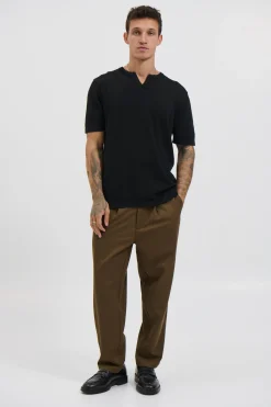 Knitted Split Neck Tee Black