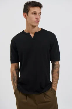 Knitted Split Neck Tee Black