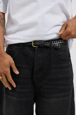 Leather Belt Thin Weave Black