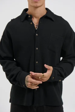 Long Sleeve Waffle Shirt Black