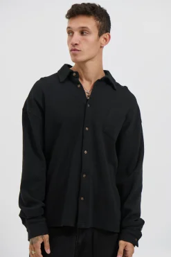 Long Sleeve Waffle Shirt Black