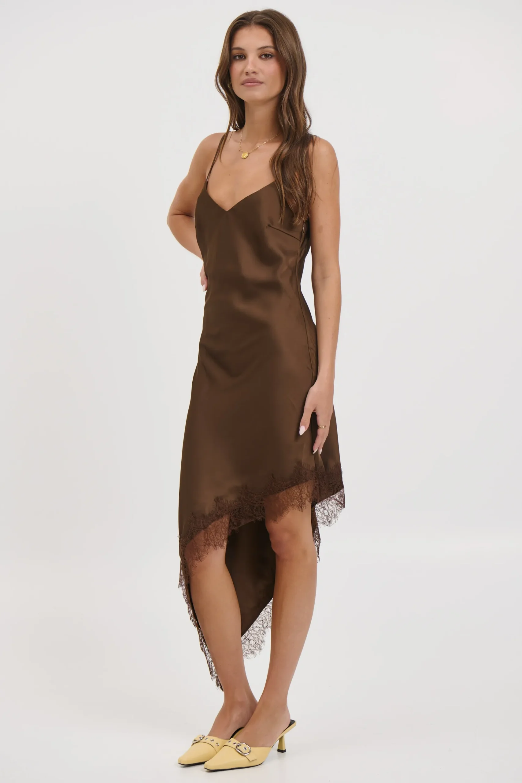Margot Satin Lace Dress Chocolate