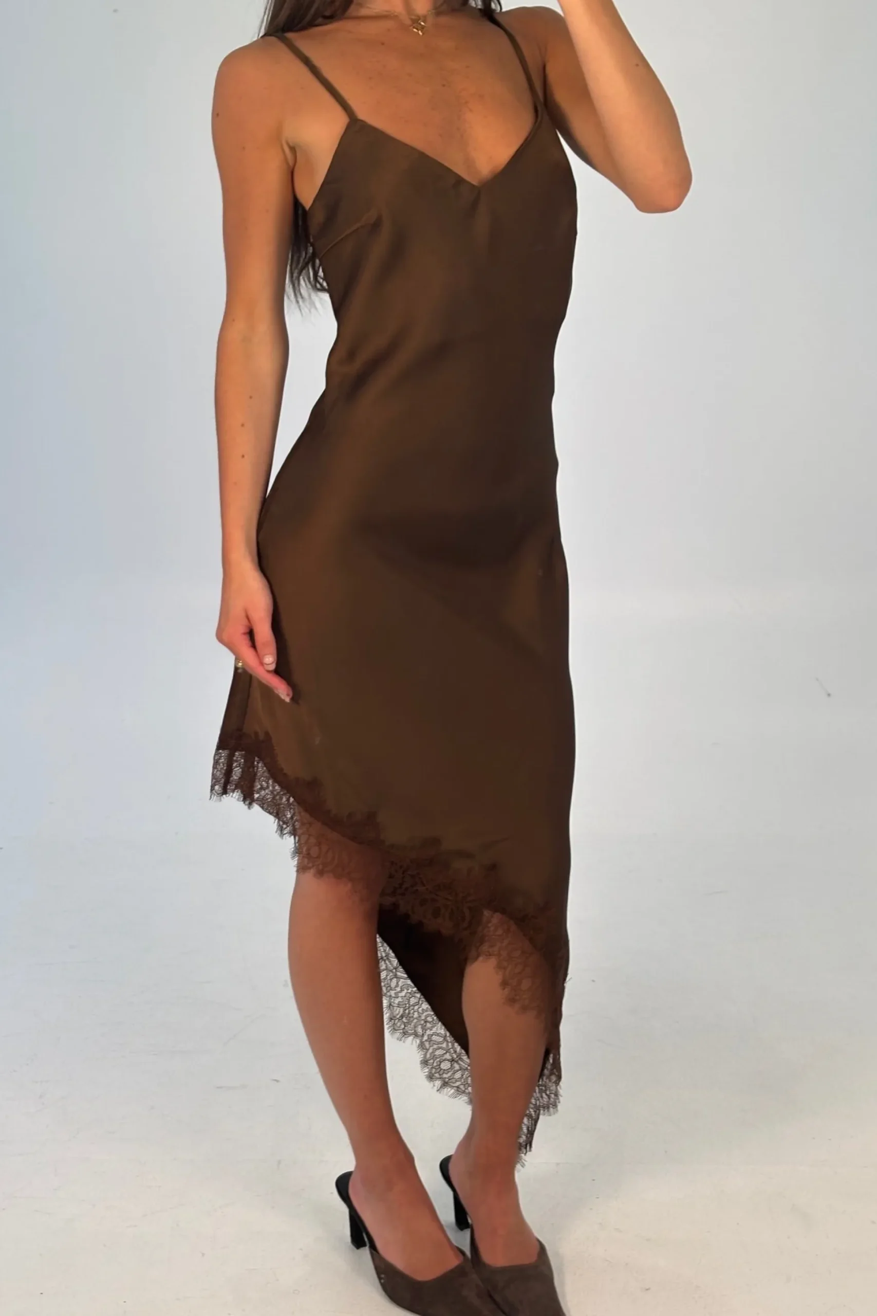 Margot Satin Lace Dress Chocolate