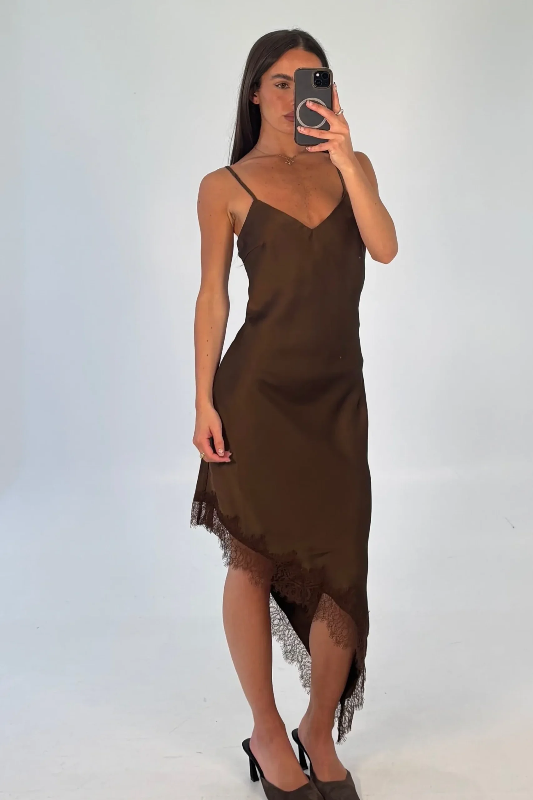 Margot Satin Lace Dress Chocolate