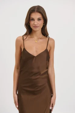 Margot Satin Lace Dress Chocolate