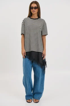 Miranda Lace Tee Black Stripe