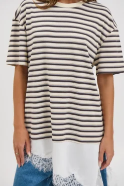 Miranda Lace Tee Cream Stripe
