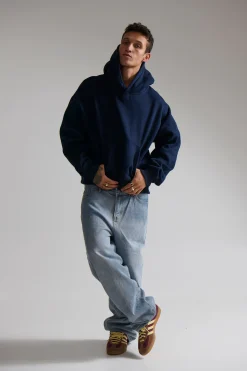 Roman Cropped Drop Hoodie Navy