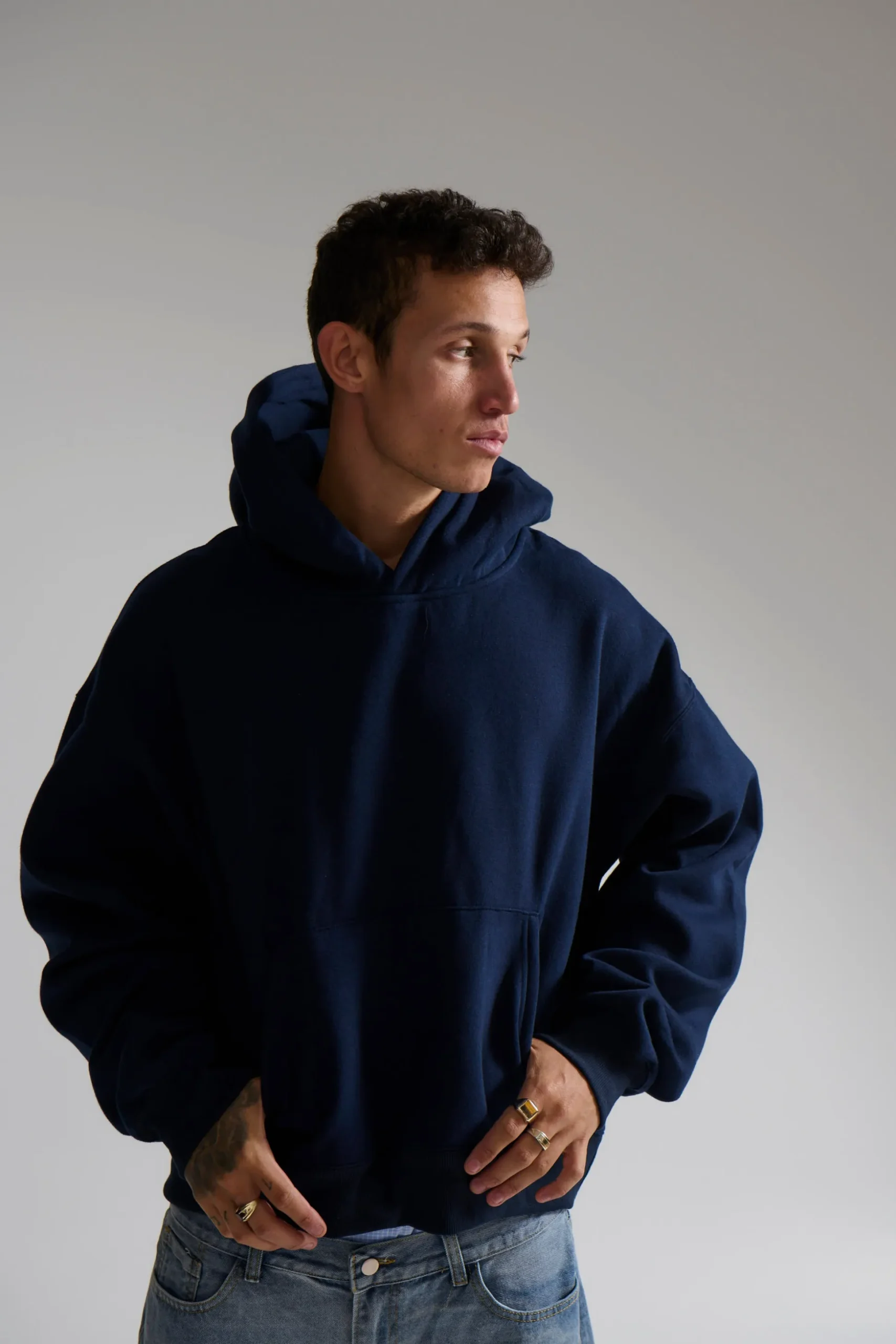Roman Cropped Drop Hoodie Navy