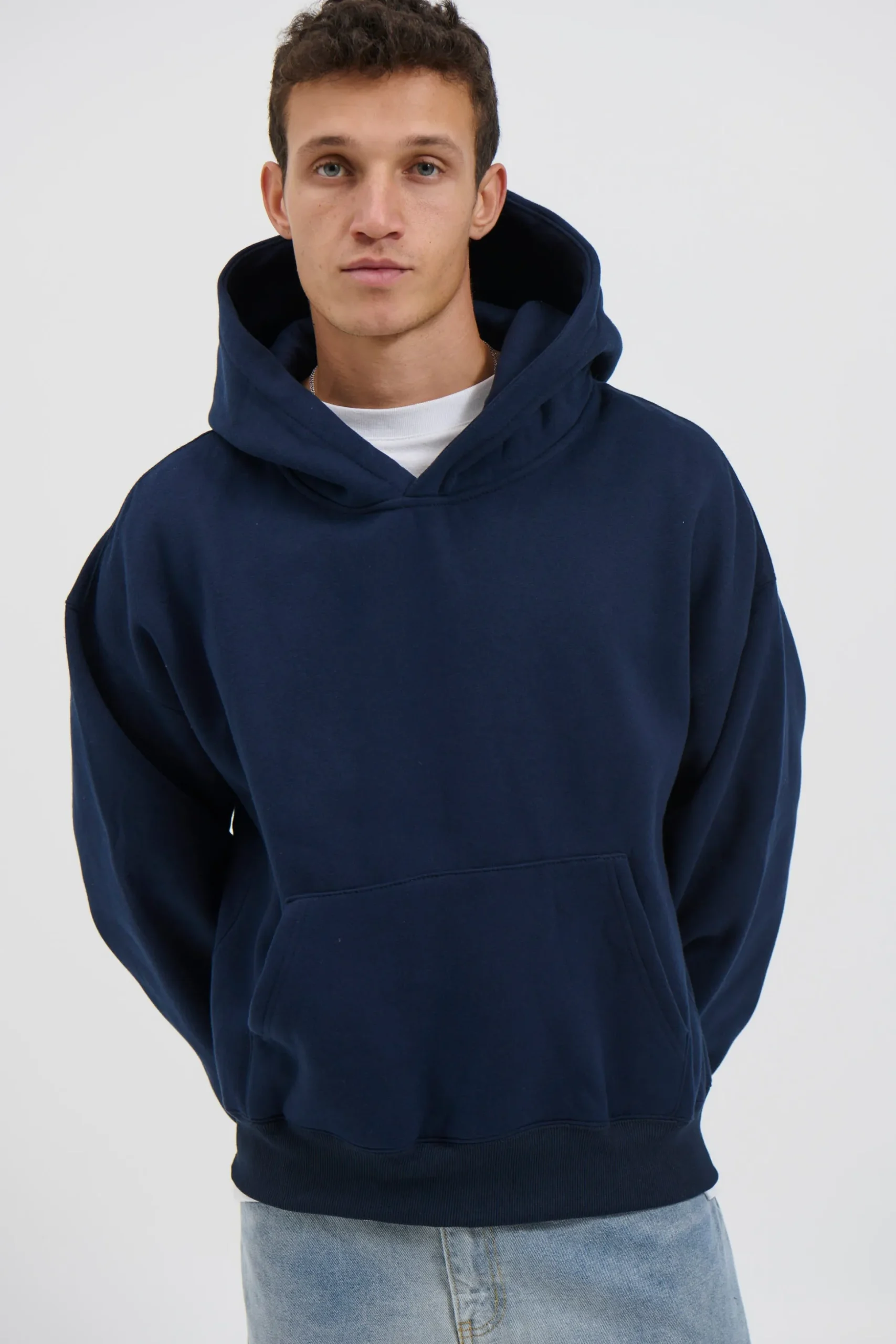 Roman Cropped Drop Hoodie Navy