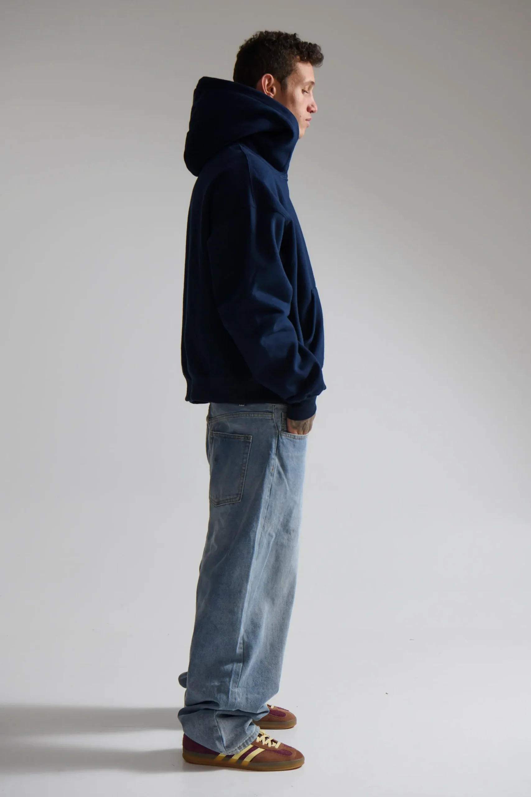 Roman Cropped Drop Hoodie Navy