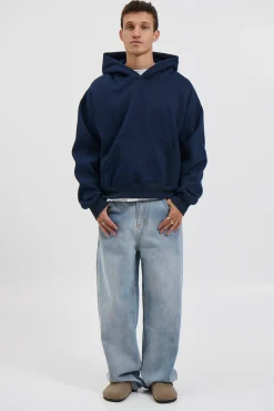 Roman Cropped Drop Hoodie Navy