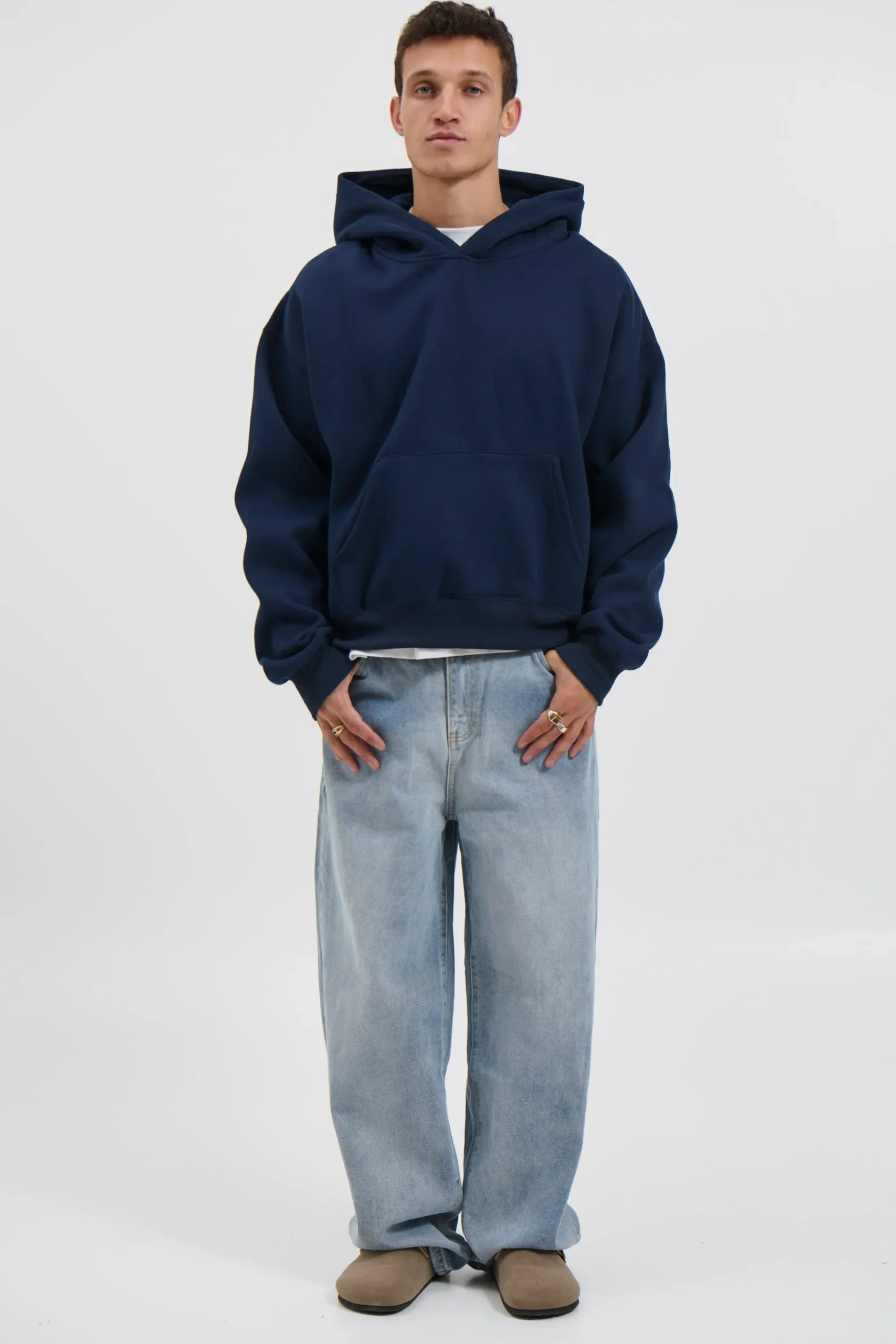 Roman Cropped Drop Hoodie Navy