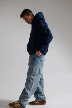 Roman Cropped Drop Hoodie Navy