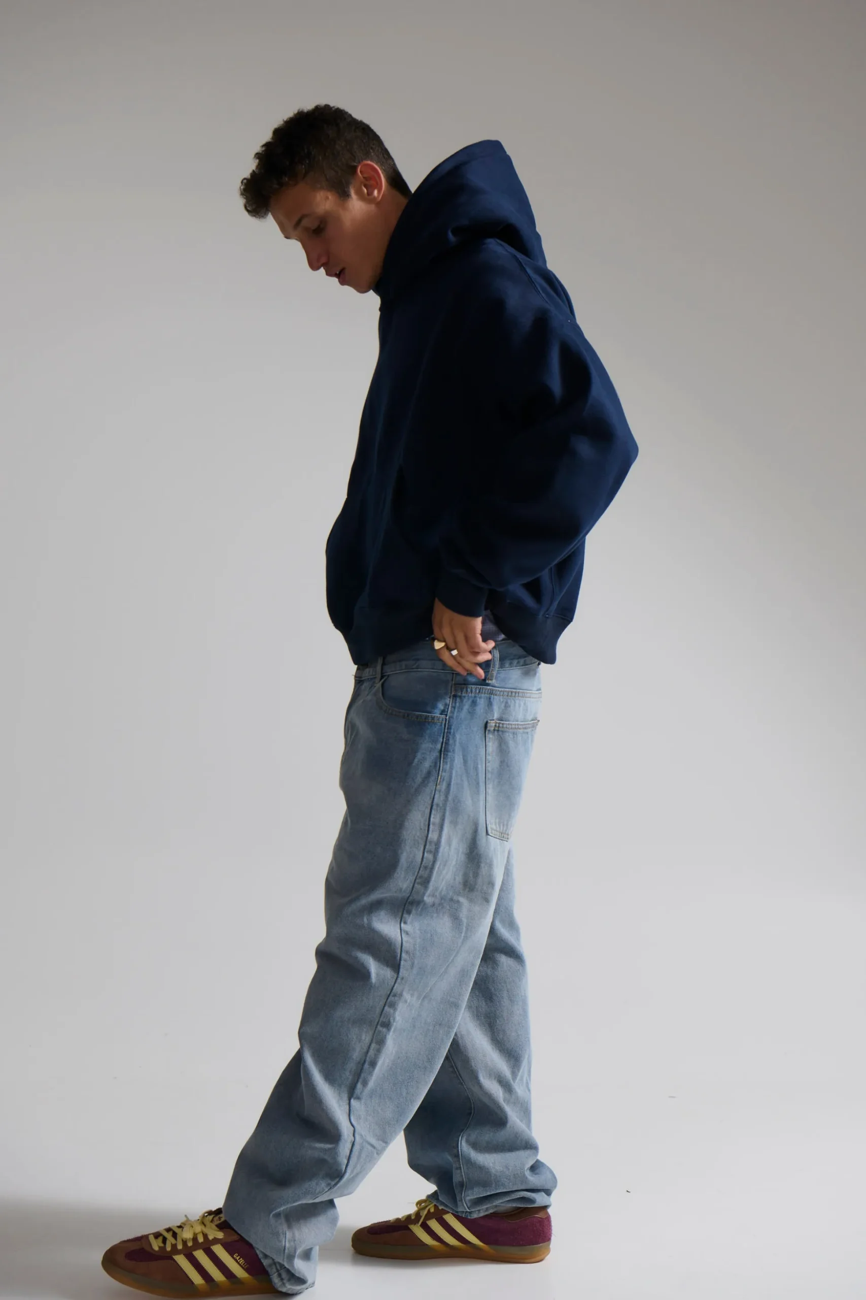 Roman Cropped Drop Hoodie Navy