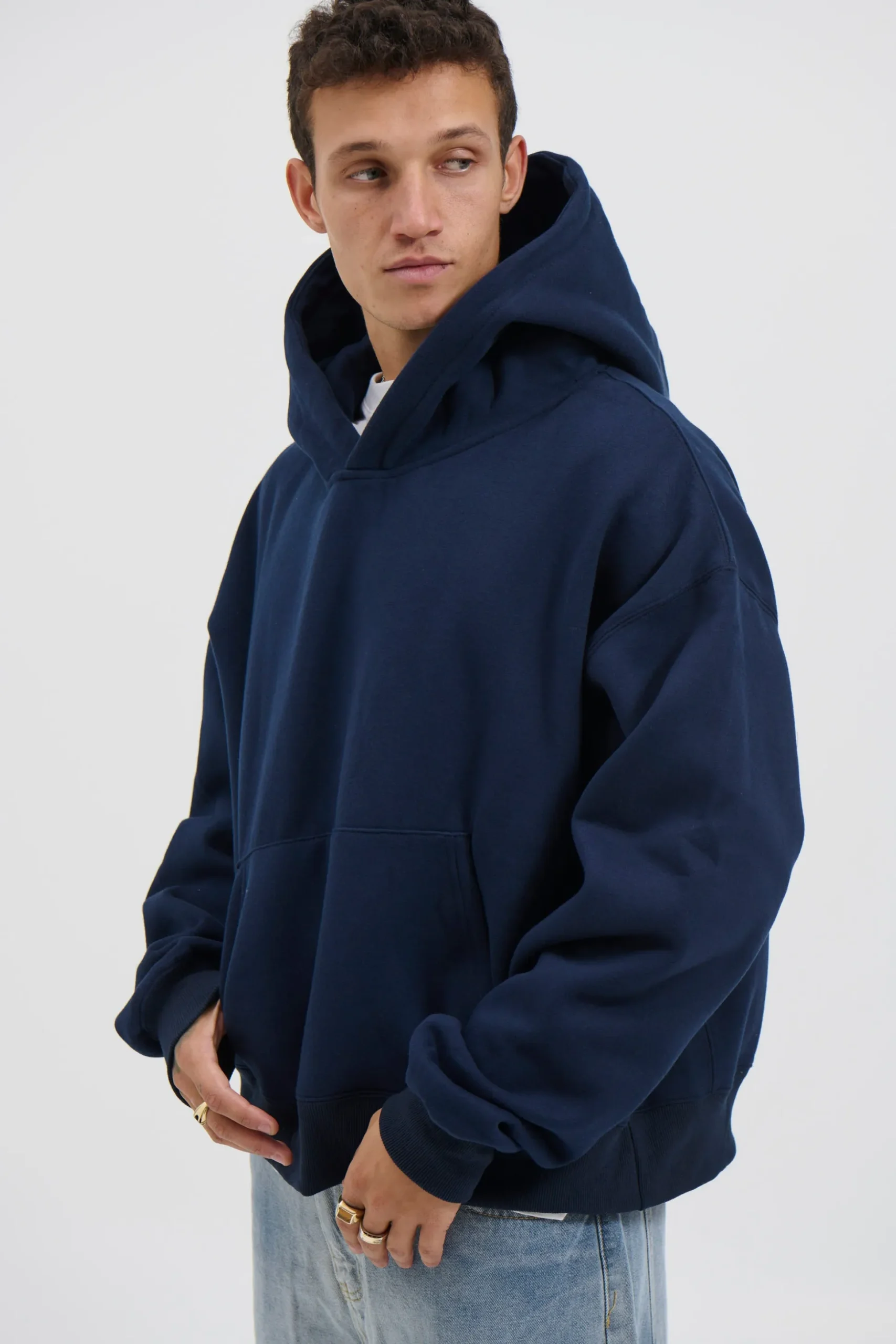 Roman Cropped Drop Hoodie Navy