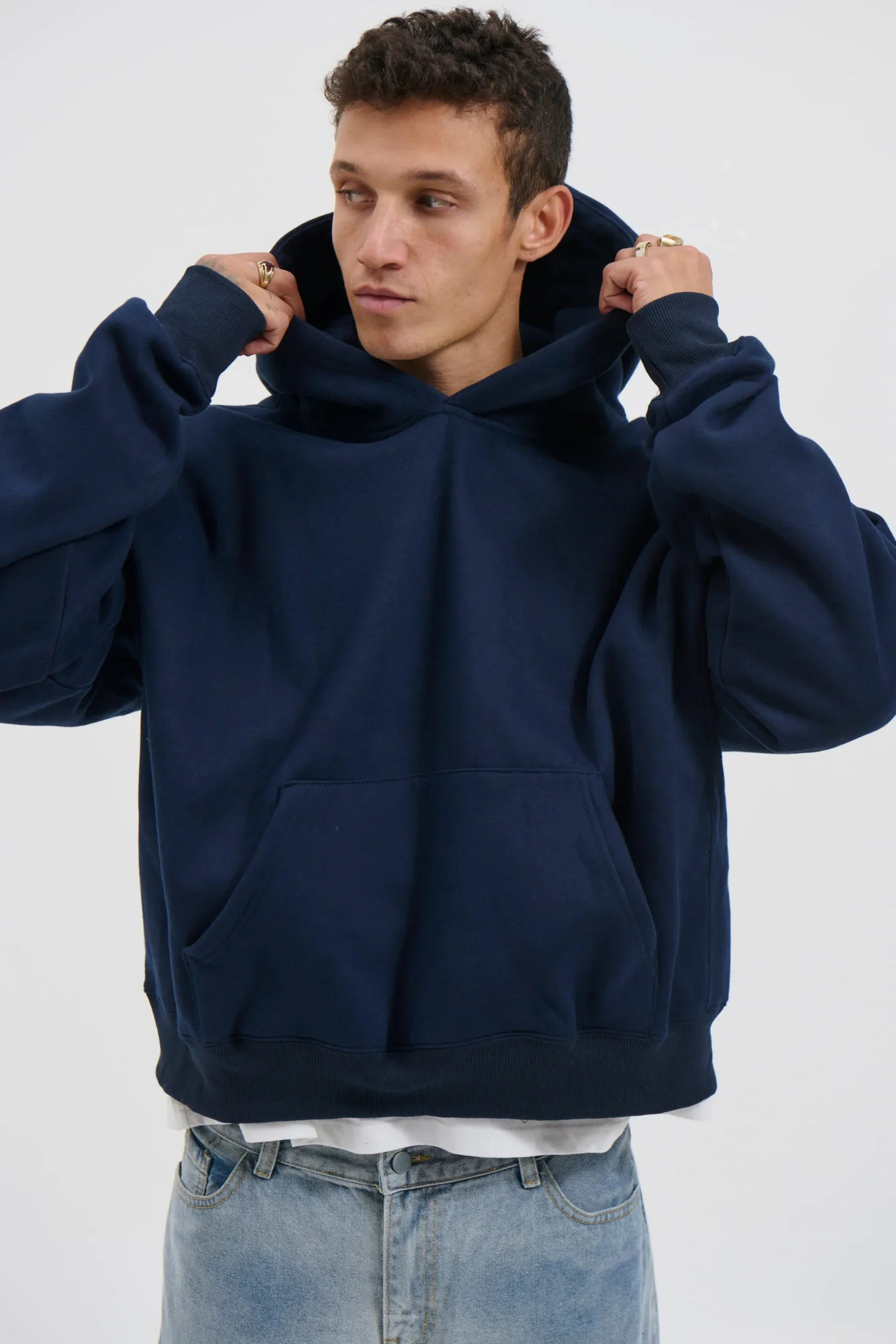 Roman Cropped Drop Hoodie Navy