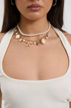 Shell Beaded Necklace Gold