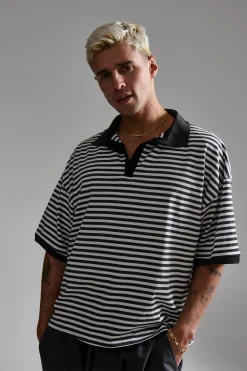 Stripe Ribbed Polo Black