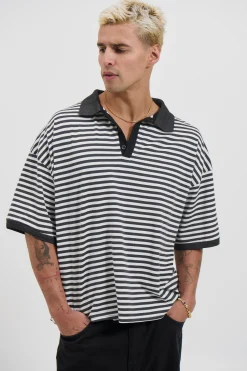 Stripe Ribbed Polo Black