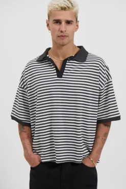 Stripe Ribbed Polo Black