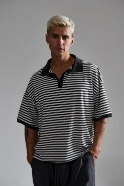 Stripe Ribbed Polo Black