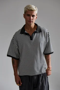 Stripe Ribbed Polo Black