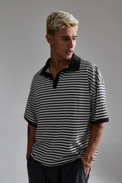 Stripe Ribbed Polo Black