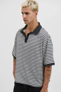 Stripe Ribbed Polo Black