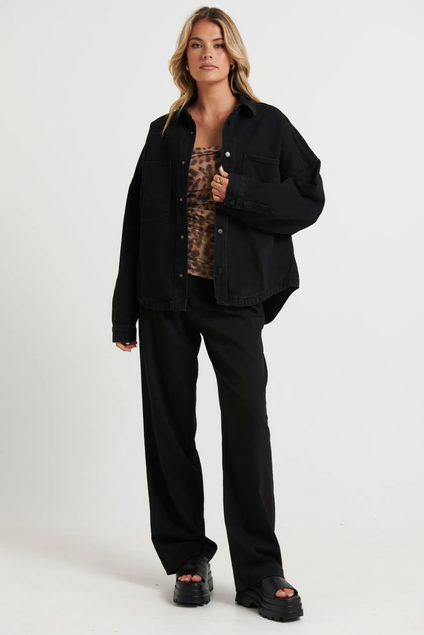 Unisex Drop Shoulder Denim Shirt Black